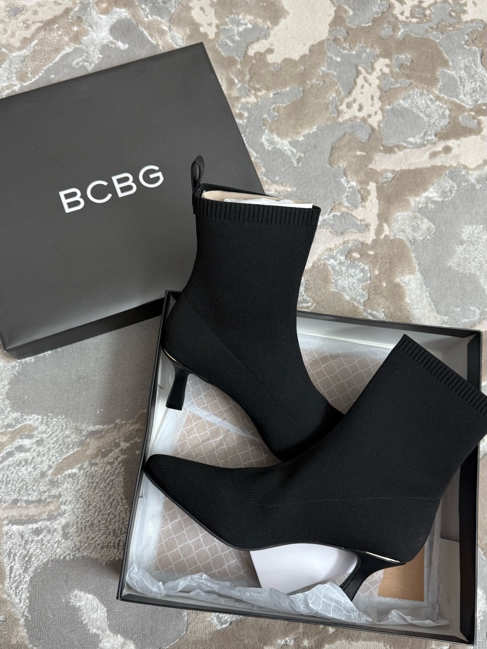 BCBG Black Knit Pointed-Toe Ankle Booties with Kitten Heel